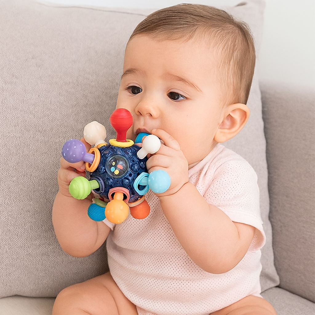 Baby holding a colorful toy while sitting on a soft surface