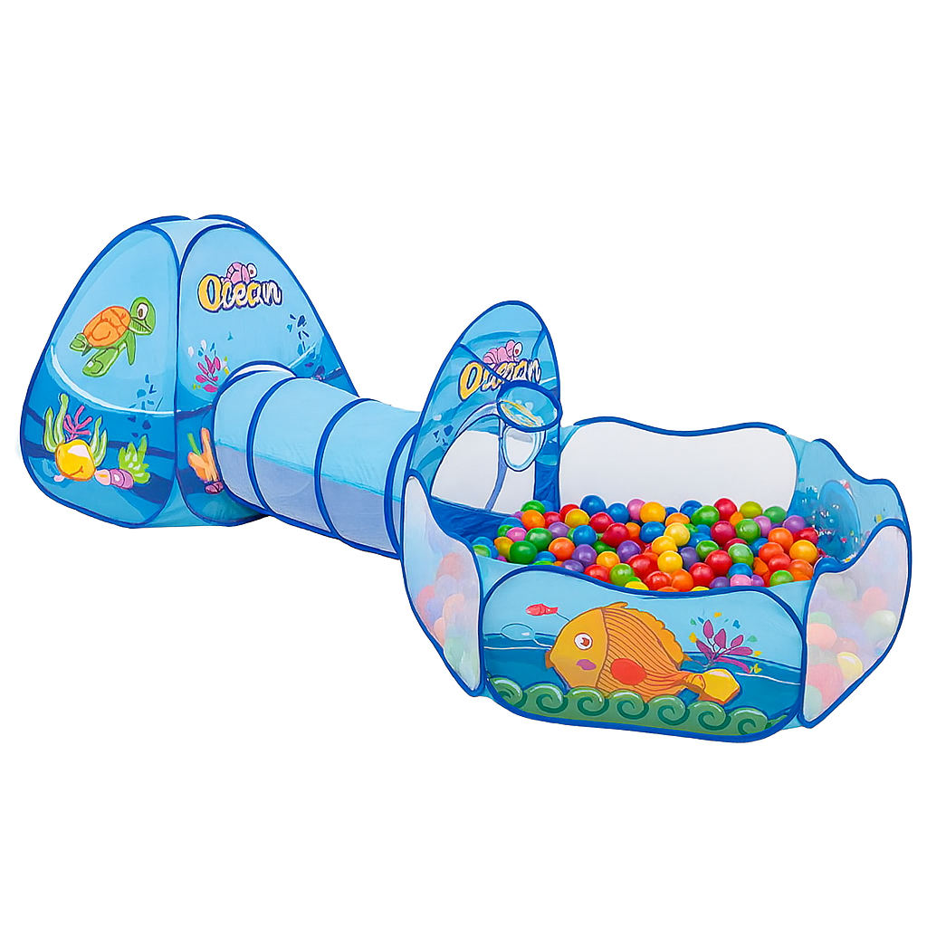 Children's ball pit with tunnel and ocean-themed design on a white background