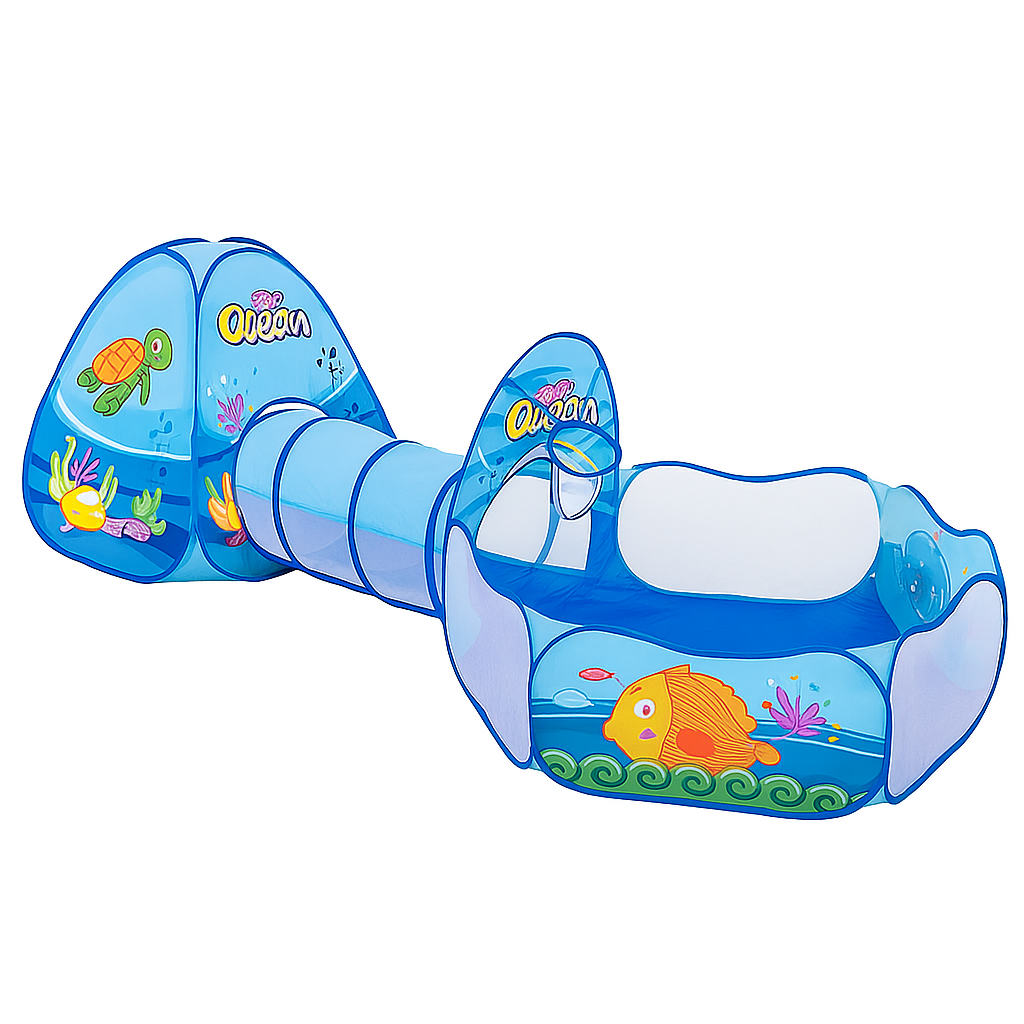 Inflatable pool toy with tunnel and sea creature designs on a white background