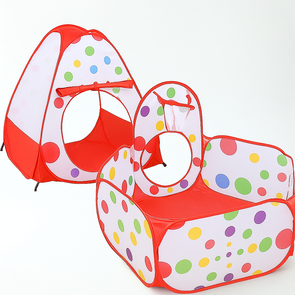 Children's play tent with red and white polka dot design on a white background