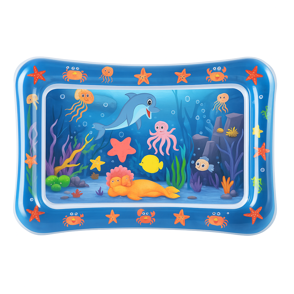 Inflatable pool toy with ocean-themed design featuring animals and plants.