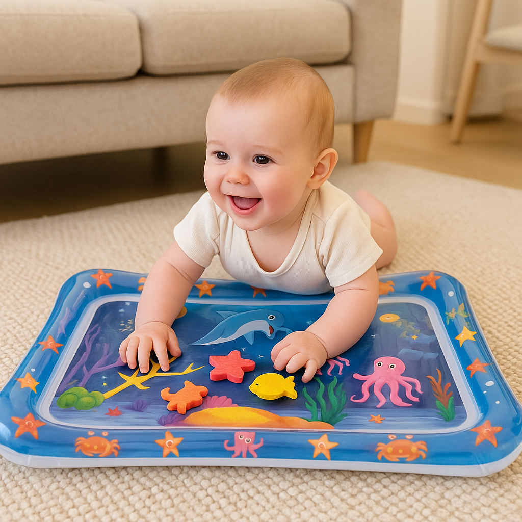 Baby playing with an inflatable water mat featuring sea creatures on a carpeted floor.