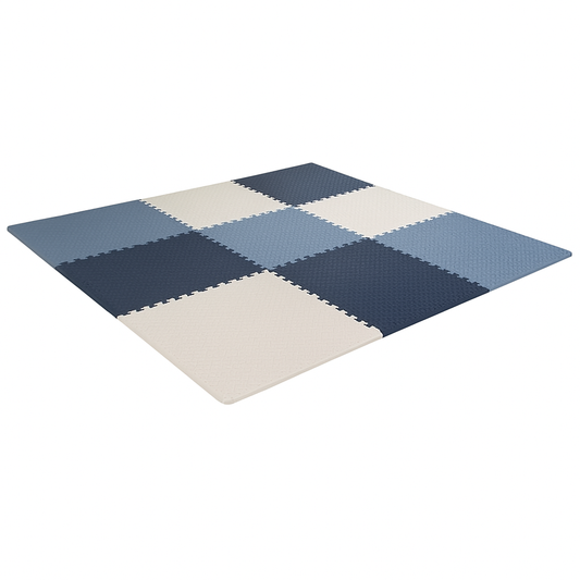 Blue and beige interlocking foam puzzle mat on a white background