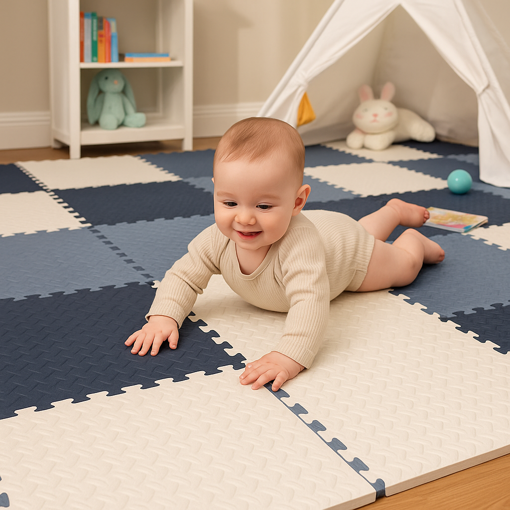 Baby crawling on a blue and white foam puzzle mat in a playroom.
