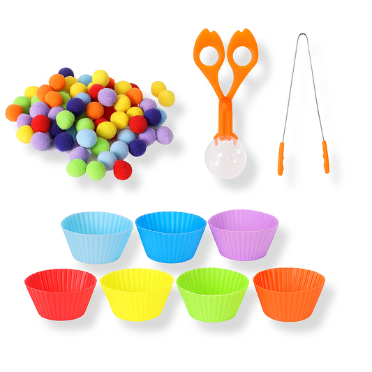 Colorful cupcake liners, scissors, tongs, and pom-poms on a white background