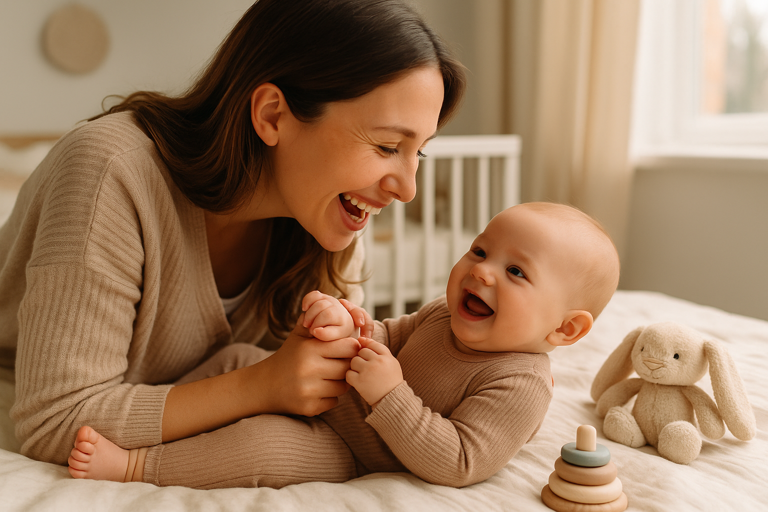 Woman and baby lying on a bed together with toys around